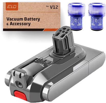 ELO V12 Battery Replacement and Two Filters for Dyson V12 Series Including Detect, Detect Slim, Detect Absolute, Detect Slim Absolute, Detect Fluffy SV46 Vacuum Cleaner Battery, Part No. 965470-01